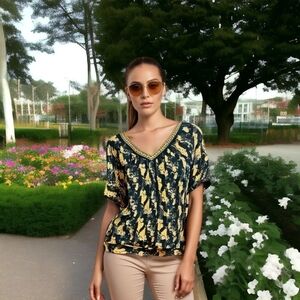 Women Blouse FREE PEOPLE Navy Blue Yellow Floral Weightless Shirt Loose Fit Top